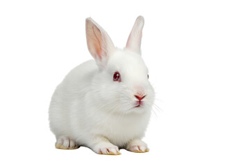 Obraz premium A white rabbit stands against a black backdrop with ears up red eyes and paws visible