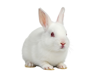 A white rabbit stands against a black backdrop with ears up red eyes and paws visible