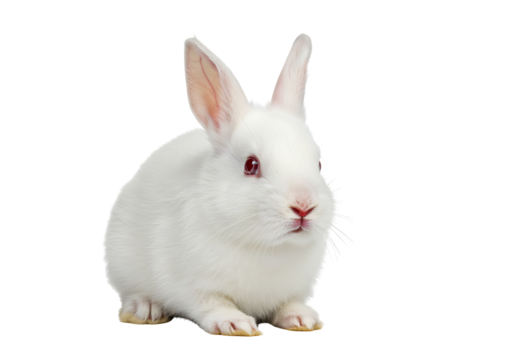A white rabbit stands against a black backdrop with ears up red eyes and paws visible