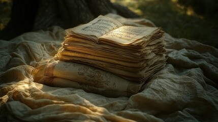 Naklejka premium Stack of aged books, sunlight