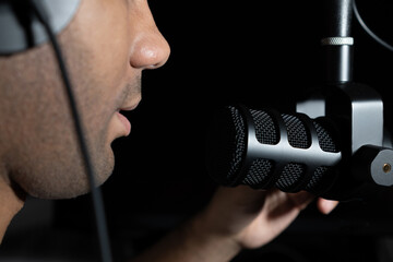 Podcast streaming microphone and headphones recording at home