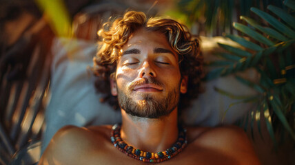 Relaxed man with closed eyes lying under palm leaves in warm tropical light wearing a beaded necklace