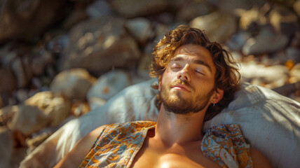 Young man resting on a pillow outdoors with eyes closed, sunlight on his face and stones in the background