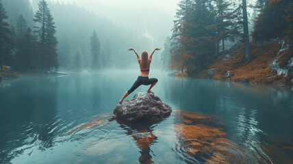 Woman practicing yoga on a rock in the middle of a misty mountain lake surrounded by pine forest