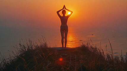 Woman practicing yoga at sunrise on a cliff overlooking the ocean with arms raised in prayer position