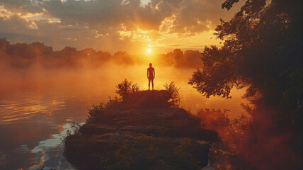 Man standing on a rock at sunrise by a misty lake surrounded by trees and glowing golden light