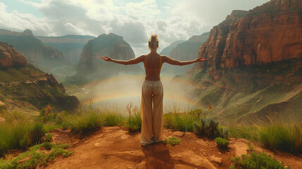 Woman standing on a cliff with open arms embracing a canyon view and rainbow mist in the valley below