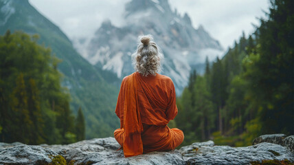 Person in orange robe meditating on a rock facing misty mountains surrounded by forest