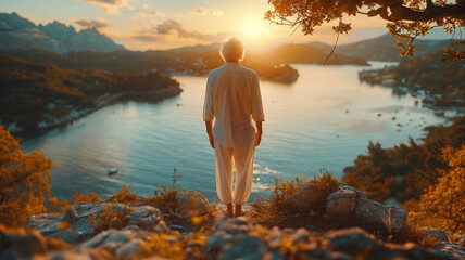 Elderly man standing barefoot on cliff at sunset overlooking a peaceful coastal bay surrounded by mountains