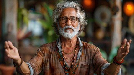 Elderly man with gray hair and beard wearing layered necklaces and open arms in a colorful bohemian setting