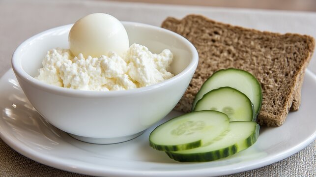 Healthy protein-rich breakfast with cottage cheese and boiled egg in a white bowl, served with cucumber slices and whole grain bread on a white plate. Bright natural light and clean presentation.