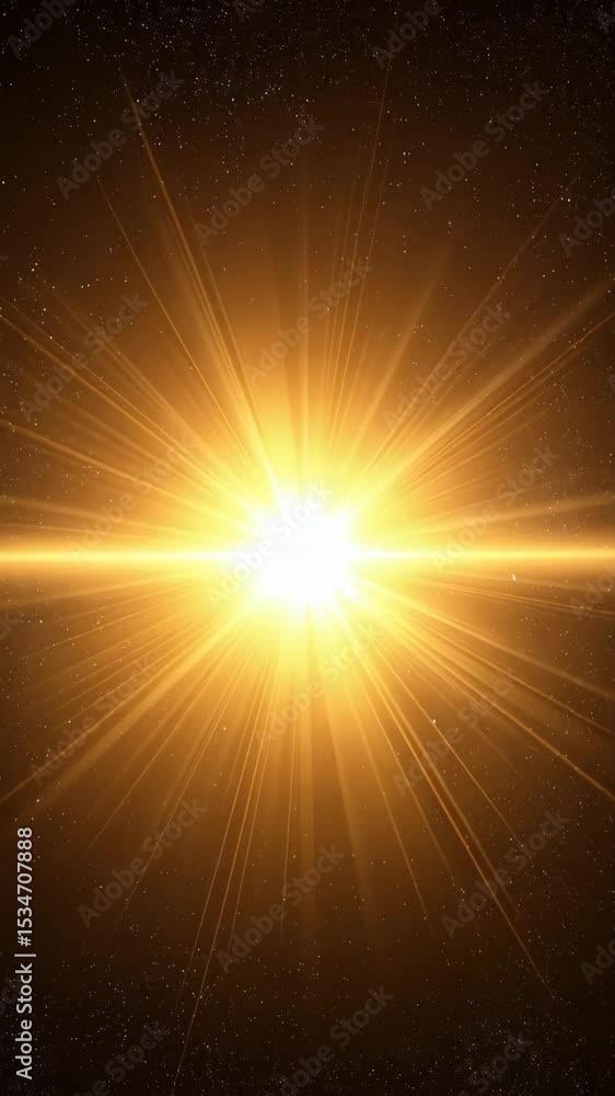 Poster bright yellow light bursts from a central point on black background with dispersed star dust, radiat