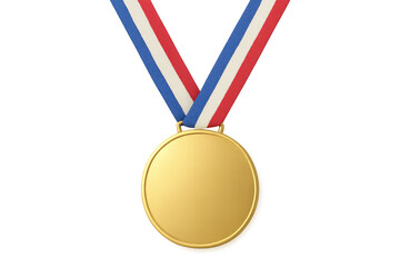 Golden medal dangling from patriotic-colored ribbon, symbolizing success and triumph against clear backdrop