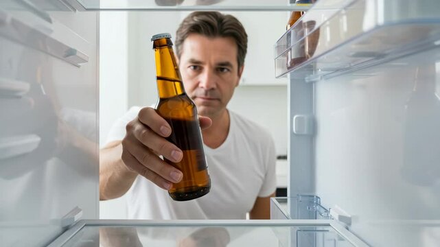 Person Reaching for Beer Inside Refrigerator Door in Kitchen Setting