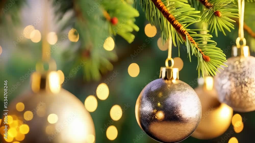 Poster festive christmas tree ornaments hanging on branches with bokeh lights background creating a warm an