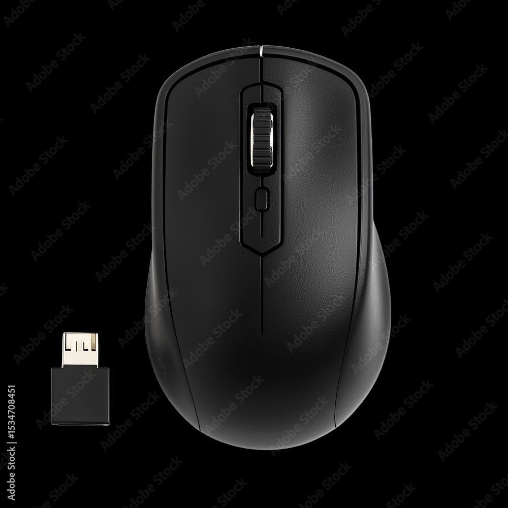 Poster wireless computer mouse with sleek design and usb receiver, isolated on black background, showcasing