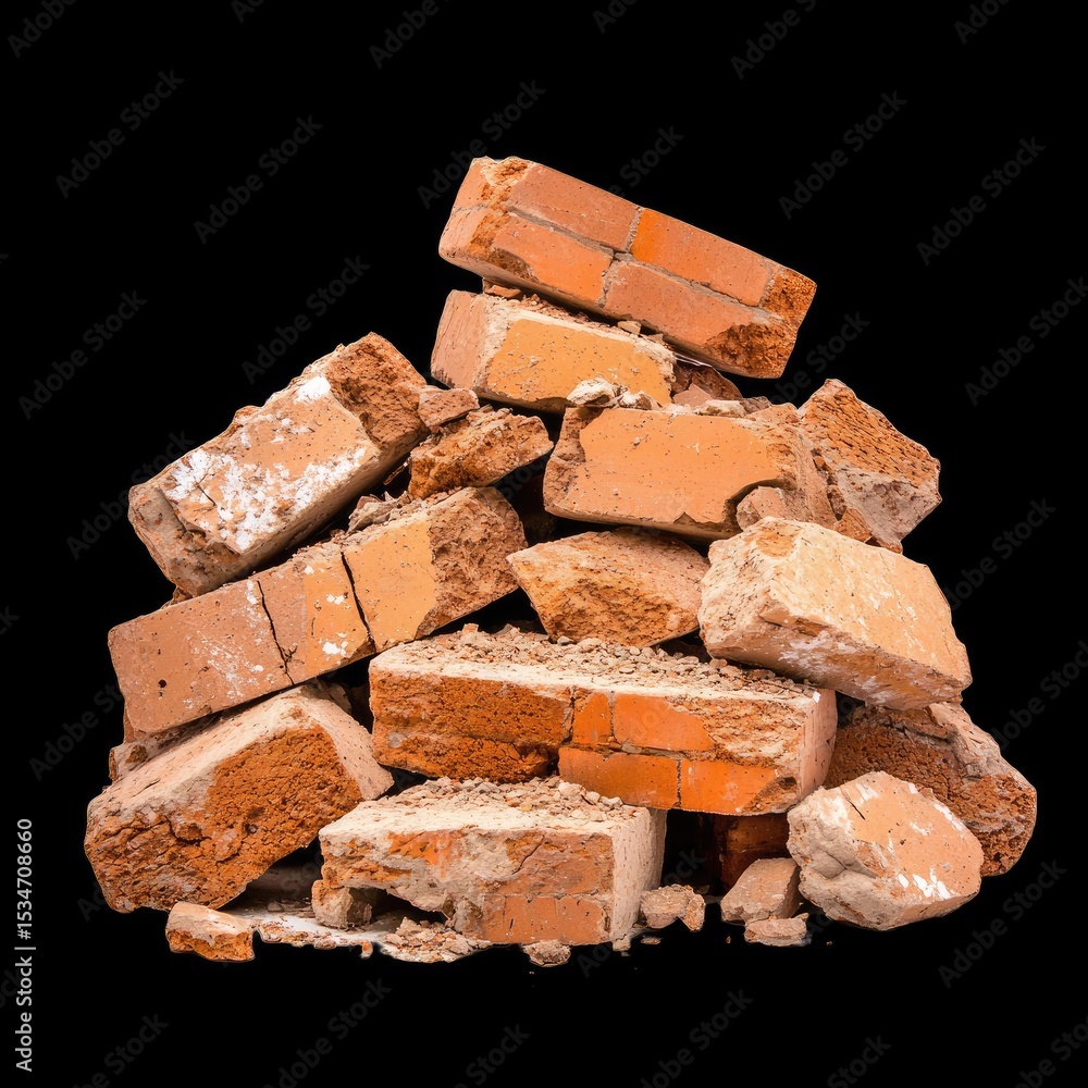 Poster pile of broken bricks arranged randomly, showcasing various textures and colors, evokes sense of con