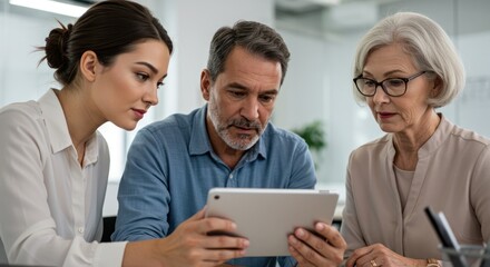 Business Colleagues Examining Digital Tablet in Modern Office with Diverse Age Group and Professional Attire