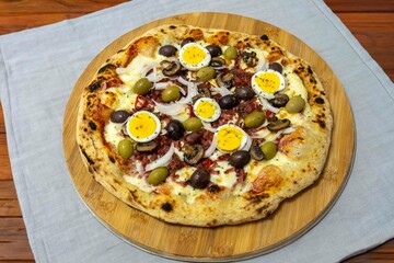 Original Brazilian pizza with olives, mushrooms, grated pepperoni, onion, red pepper, oregano and extra virgin olive oil