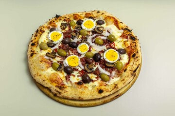 Original Brazilian pizza with olives, mushrooms, grated pepperoni, onion, red pepper, oregano and extra virgin olive oil