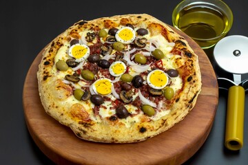Original Brazilian pizza with olives, mushrooms, grated pepperoni, onion, red pepper, oregano and extra virgin olive oil