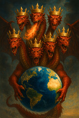 Seven-Headed Crowned Dragon Holding Earth in Apocalyptic Fantasy Scene with Fire and Darkness