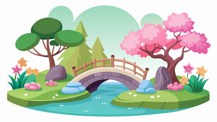 Obraz premium Serene Spring Landscape with Stone Bridge and Blooming Cherry Trees on a Hill cherry blossom