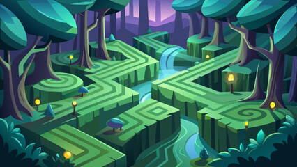 Enchanting Fantasy Meadow Labyrinth with Glowing Lights and Cascading Stream maze path