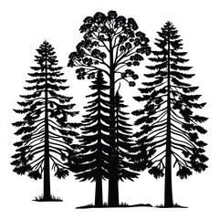 A set of silhouette pine trees stands tall and serene, their pointed tops and layered branches creating a peaceful forest scene against a crisp, open sky.
