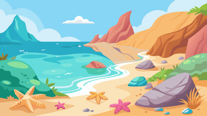Obraz premium Idyllic Coastal Scene with Turquoise Water Sandy Beach Starfish and Colorful Rocks on a White Background