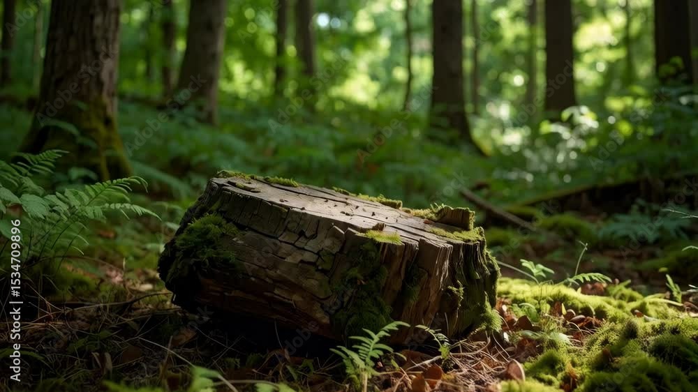 Poster decaying tree stump overgrown with moss and surrounded by ferns in a lush green temperate forest fil