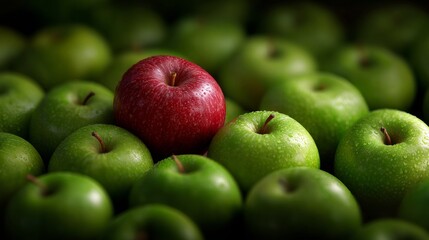 A bright red apple in a pile of green ones, symbolizing contrast and rare choice.