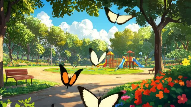 Cartoon-Style Public Park with Slides, Benches, and Butterflies

