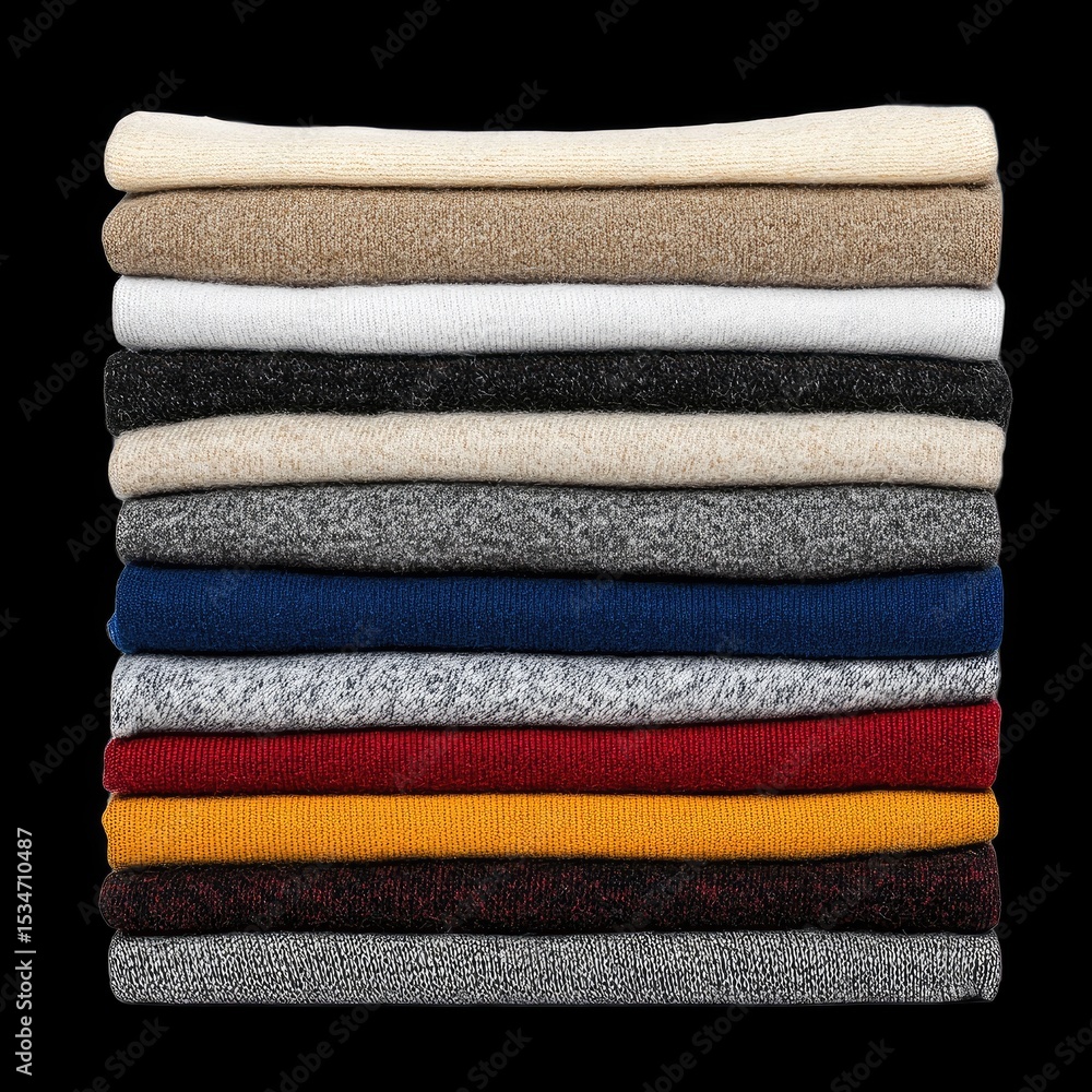 Poster neatly folded pile of colorful clothes showcasing various textures and shades, perfect for adding wa