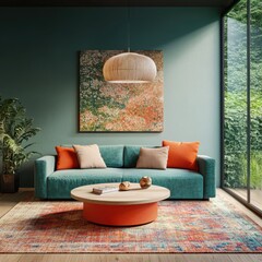 Teal sofa, round coffee table, natural light, art piece, vibrant colors