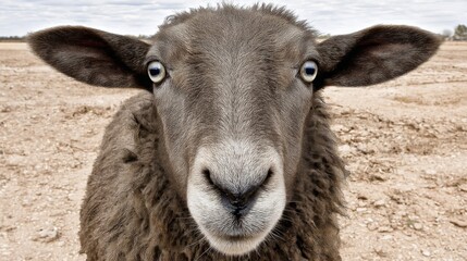 Close-up of a curious sheep with a sandy landscape background