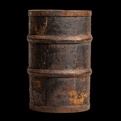 Rusty industrial metal barrel with weathered texture, showcasing its aged appearance and unique character. This barrel is perfect for various creative projects or as decorative piece