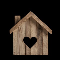 Small wooden home with heart cutout on door, isolated on black background, evokes warmth and love, perfect for home decor or gifts
