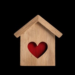 Small wooden home with heart cutout on door, symbolizing love and warmth, isolated on black background, perfect for home decor or gifts