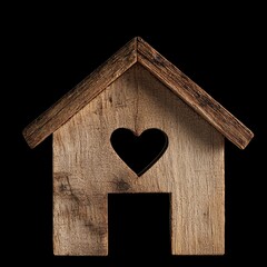Small wooden home with heart cutout on door, isolated on black background, evokes warmth and love, perfect for home decor or gifts