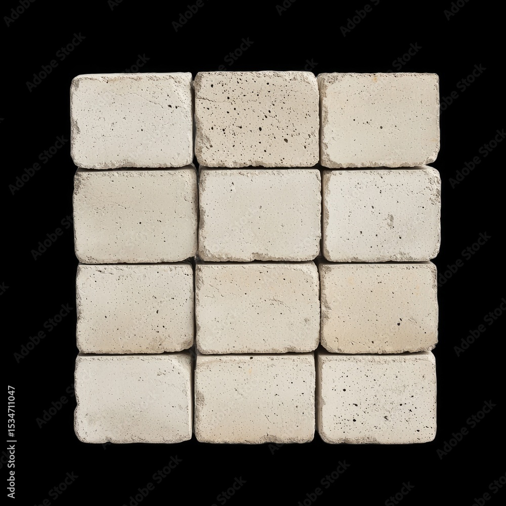 Poster stack of cement bricks in uniform shape, arranged neatly in grid pattern, showcasing their textured 