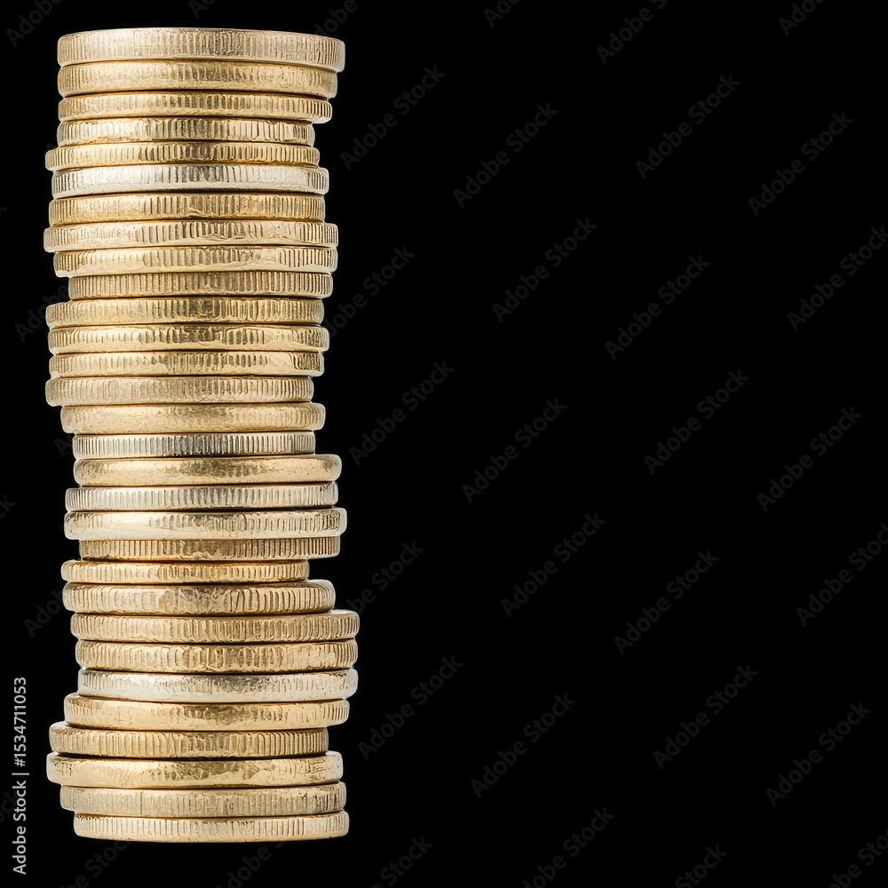 Poster stack of coins growing taller from left to right, symbolizing wealth and prosperity. shiny gold coin