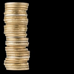 Stack of coins growing taller from left to right, symbolizing wealth and prosperity. shiny gold coins reflect light, creating appealing visual effect