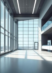 Obraz premium Stylish interior of a modern office and a large window Empty room interior design striking structures clean lines geometric shapes dramatic angles play of light