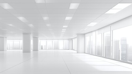 Spacious empty white office interior with panoramic city view, clean minimalistic design, ceiling lights, and floor-to-ceiling windows. Modern, bright, and ready for customization.
