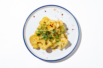Golden roasted cauliflower florets sit elegantly on a minimalist white plate, garnished with fresh herbs and colorful spices, creating a mouthwatering presentation for any occasion