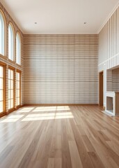 Empty living room featuring vintage oak flooring and striped vinyl wallpaper ideal for interior design mockups Empty room interior design  striking structures clea