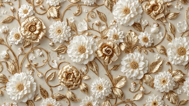 Intricate Gold and White Floral Design 3 D Embossed Pattern Beige Background Luxury Texture - Powered by Adobe