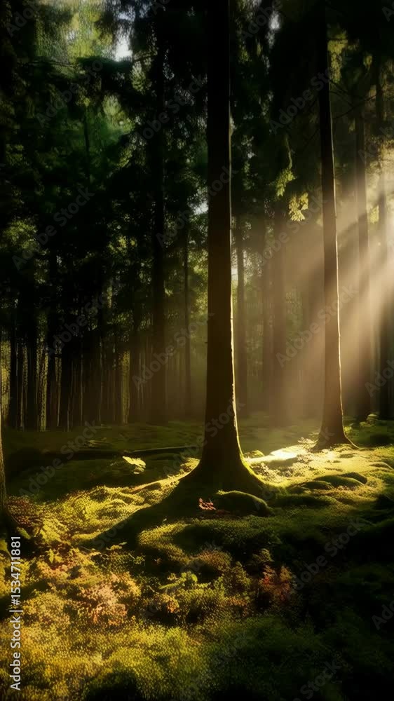 Poster sunlight streams through tall trees in a dense forest, illuminating green moss on the forest floor w