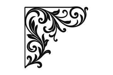 Fototapeta premium Decorative floral corner ornament featuring intricate leaves, swirling patterns, elegant design element on transparent background